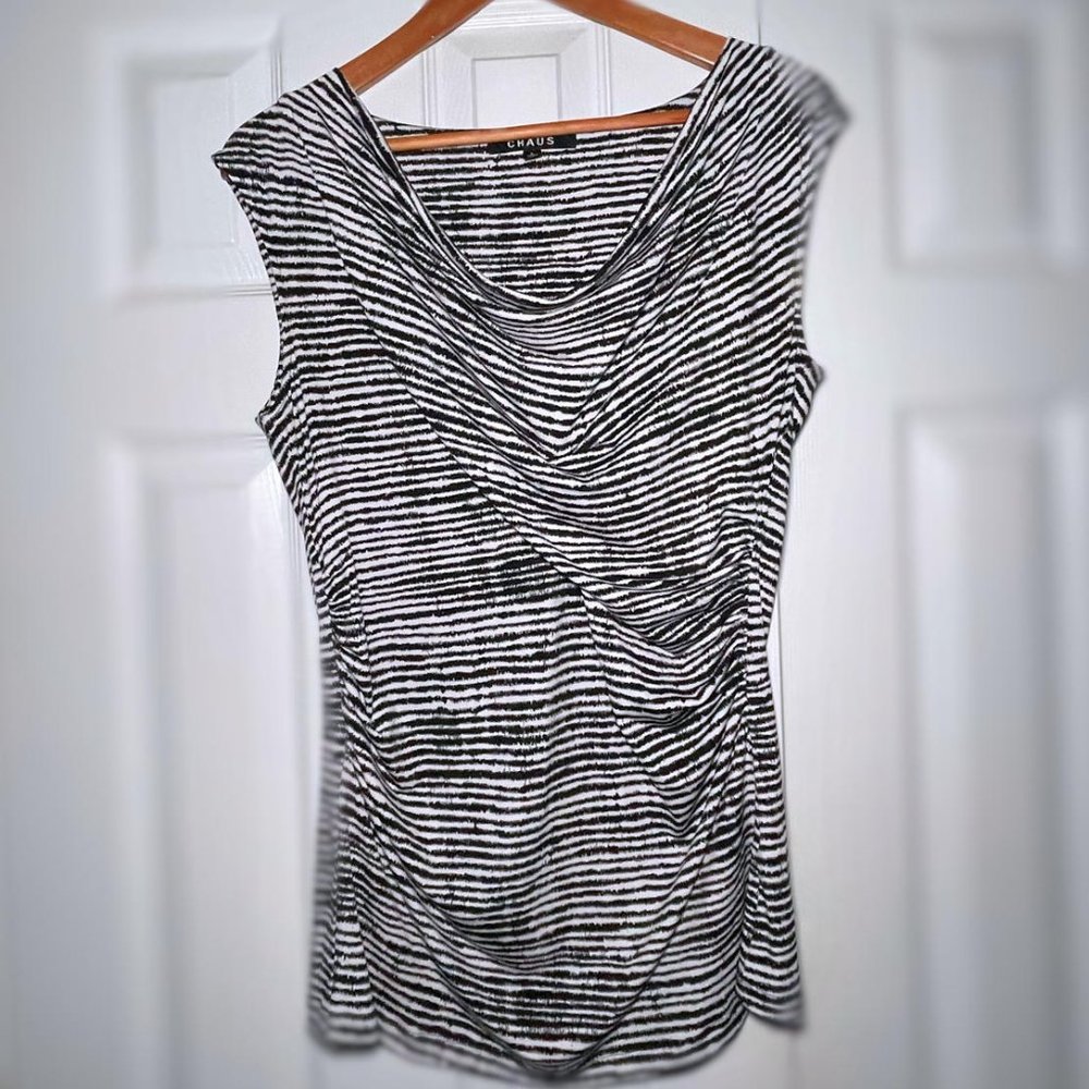 Chaus black and white stripe cowl neck sleeveless blouse Size Large